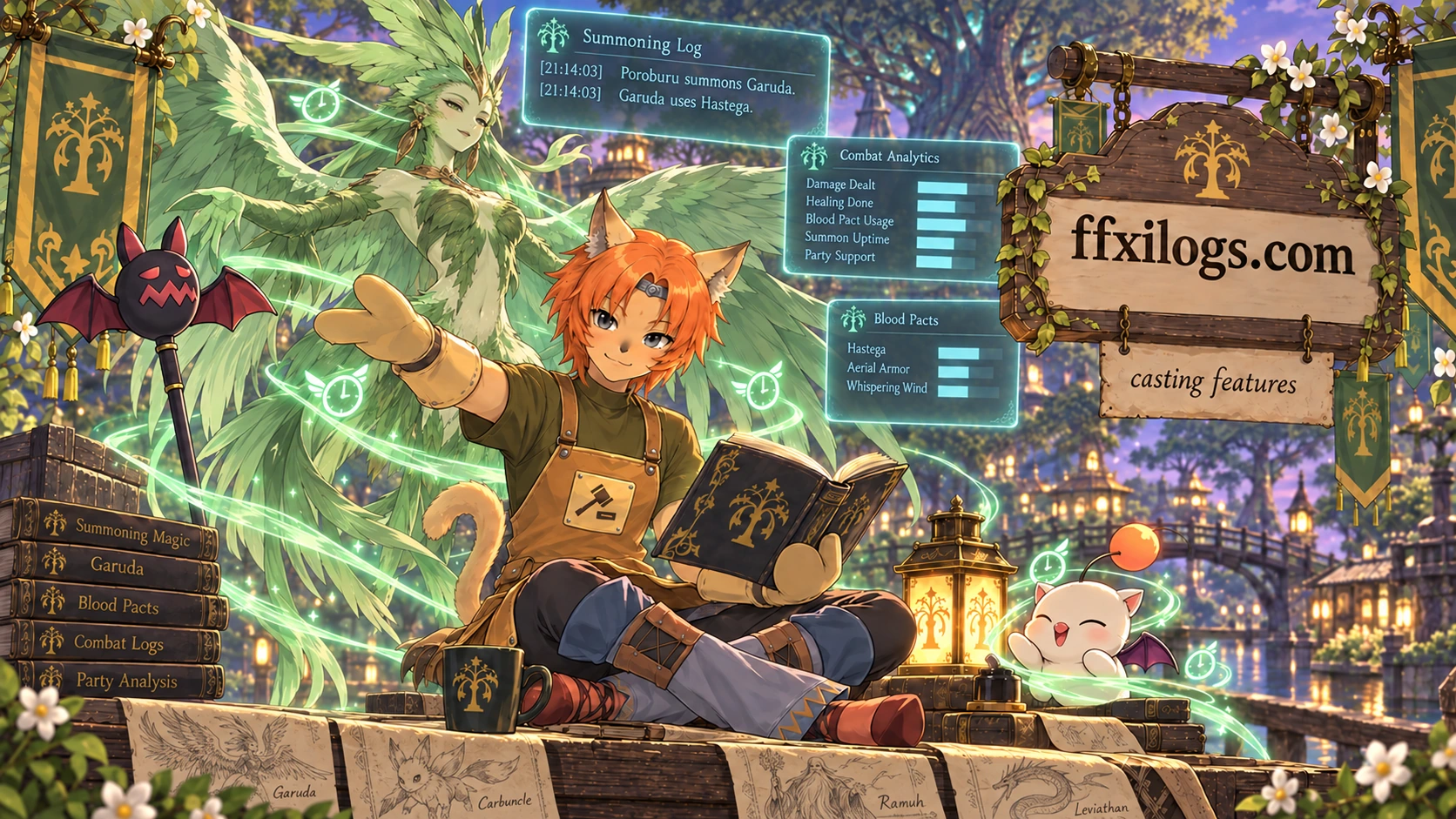 Garuda levitates behind Poro, casting green Hastega effects around Poro, herself, and a delighted moogle. The sign reads ffxilogs.com — casting features.