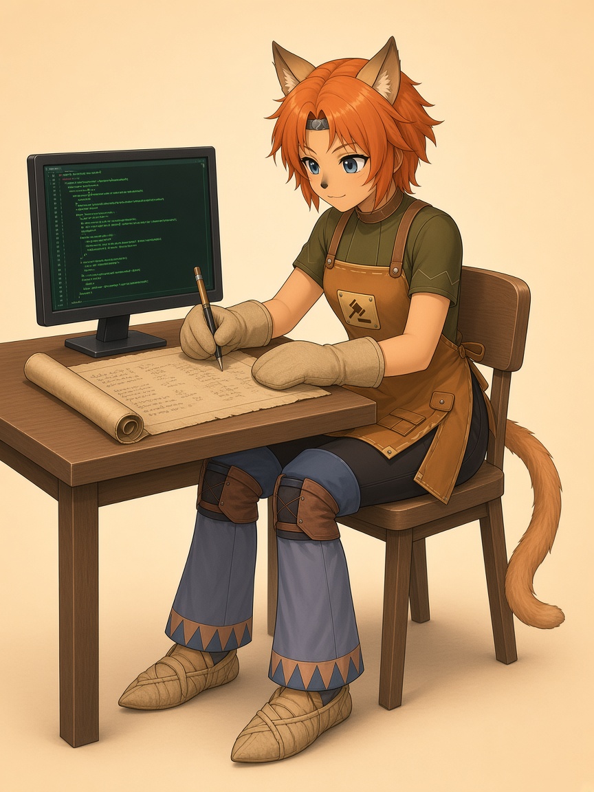 Poro at a wooden desk beside a code screen and a battle-log scroll.