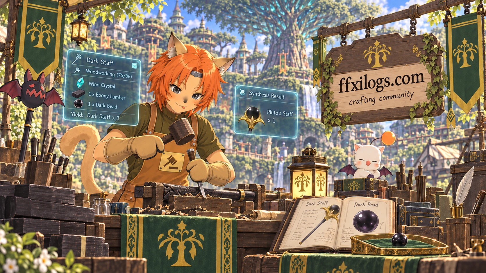 Poro uses a mallet and chisel on an ebony staff at a Windurst workbench. A Dark Bead rests beside a recipe book, beneath a sign reading ffxilogs.com — crafting community.