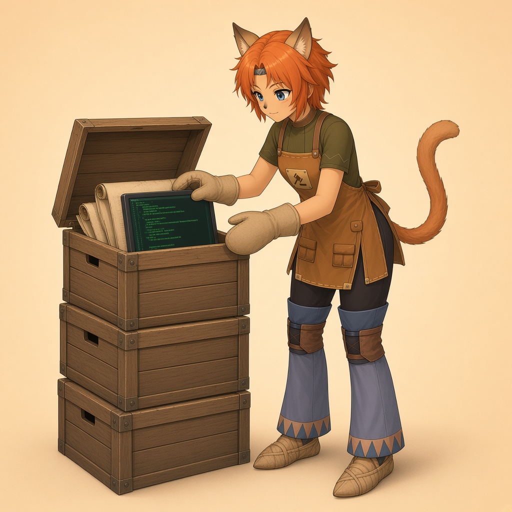 Poro opening crates of labeled fight-log scrolls beside a tiny terminal.